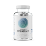 Clear bottle of magnesium supplement capsules; 120 count, supports sleep, mood & musculoskeletal health.
