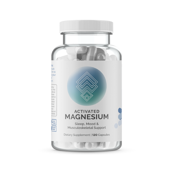 Clear bottle of magnesium supplement capsules; 120 count, supports sleep, mood & musculoskeletal health.
