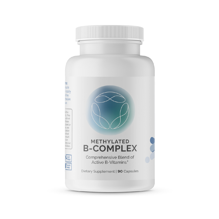 Methylated B-Complex supplement bottle, 90 capsules, showing a comprehensive blend of active B vitamins.
